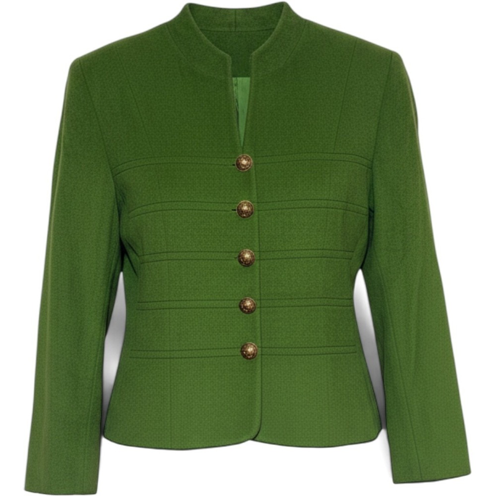 Vintage Florence Paris Green Wool Jacket Gold Button Mandarin Collar Sz 40 M